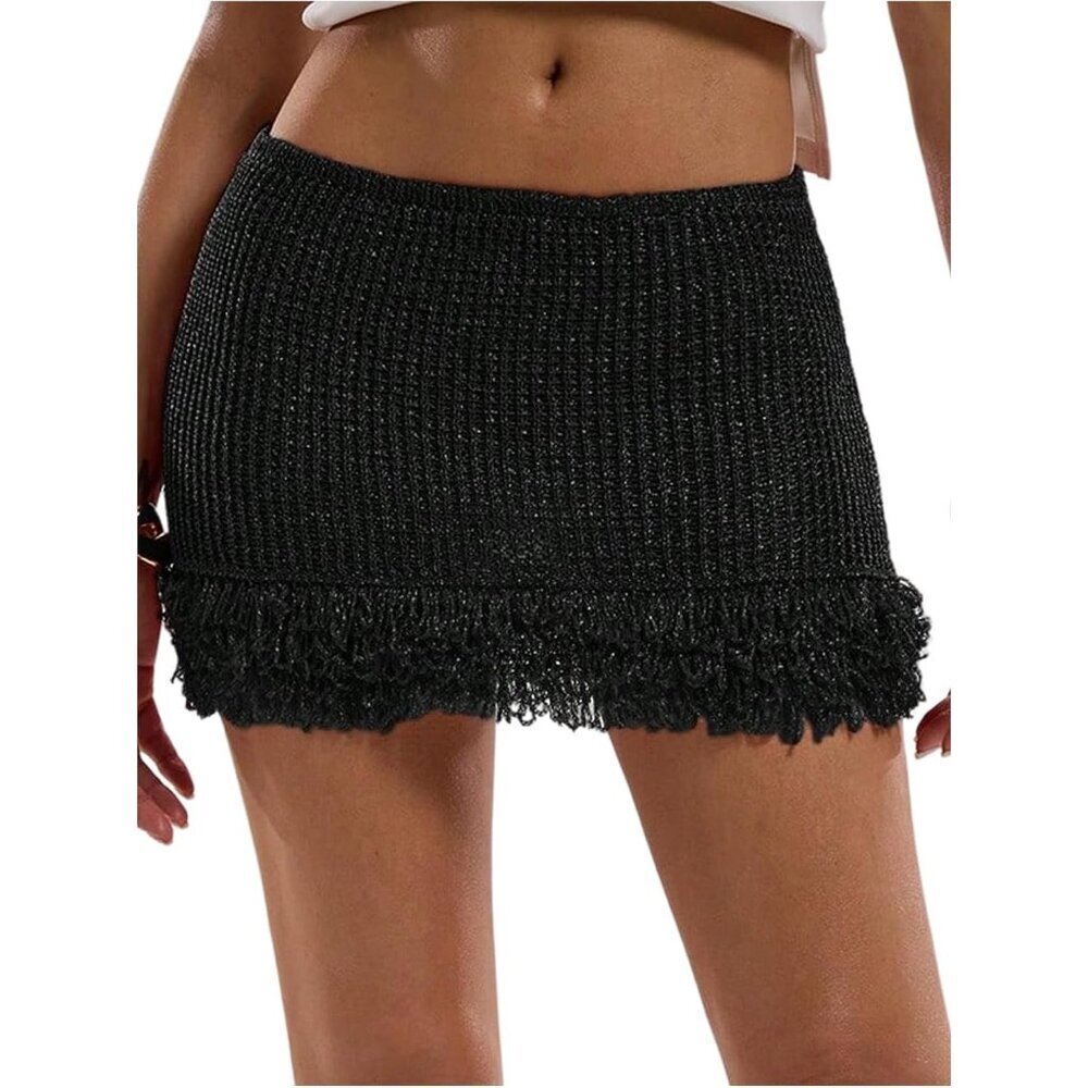 Women's Black Fringe Bodycon Mini Skirts Boho Low Waist Knit Skirt Streetwear